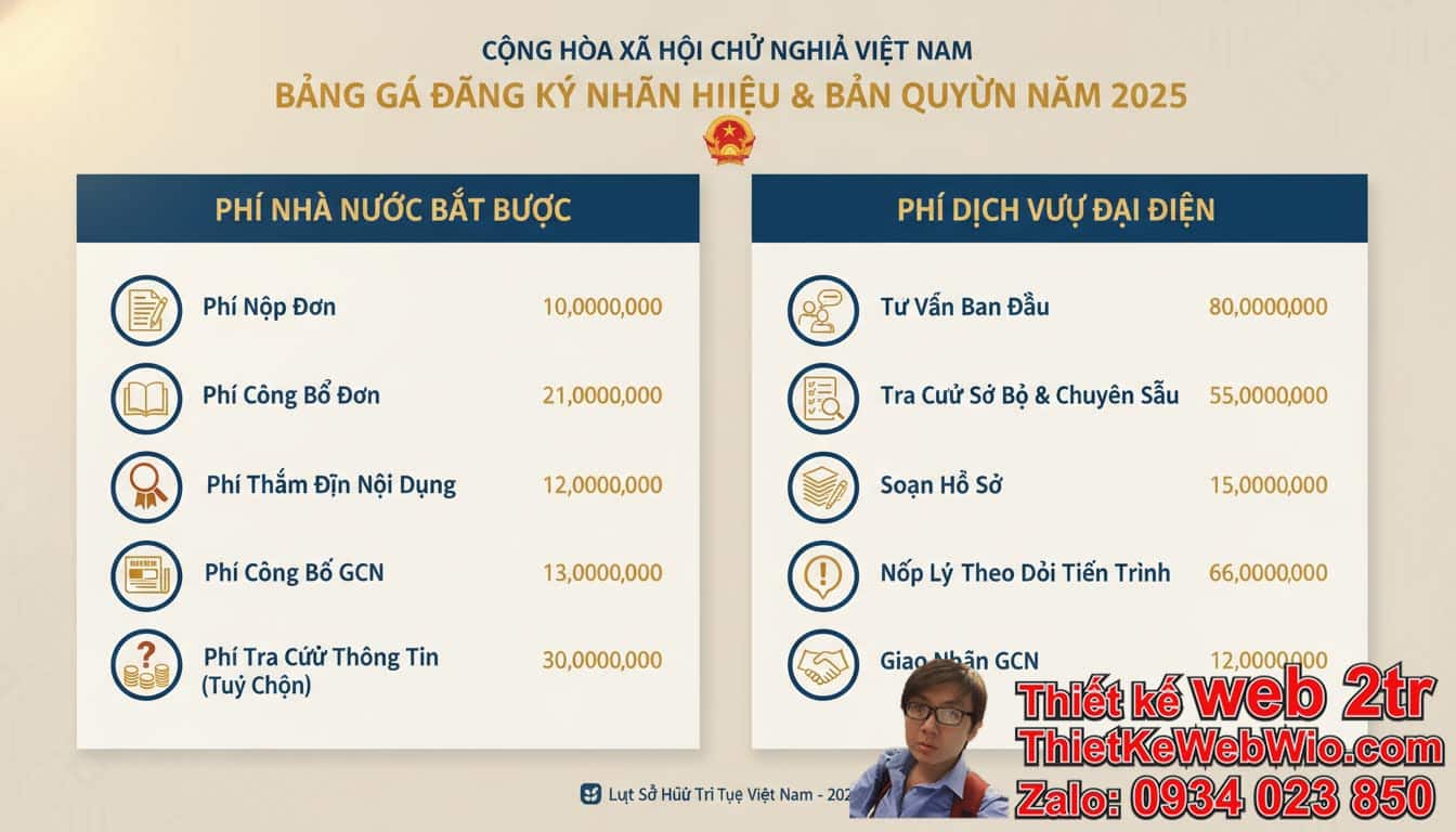Bảng giá đăng ký bản quyền thương hiệu 2025 có những khoản phí nào?