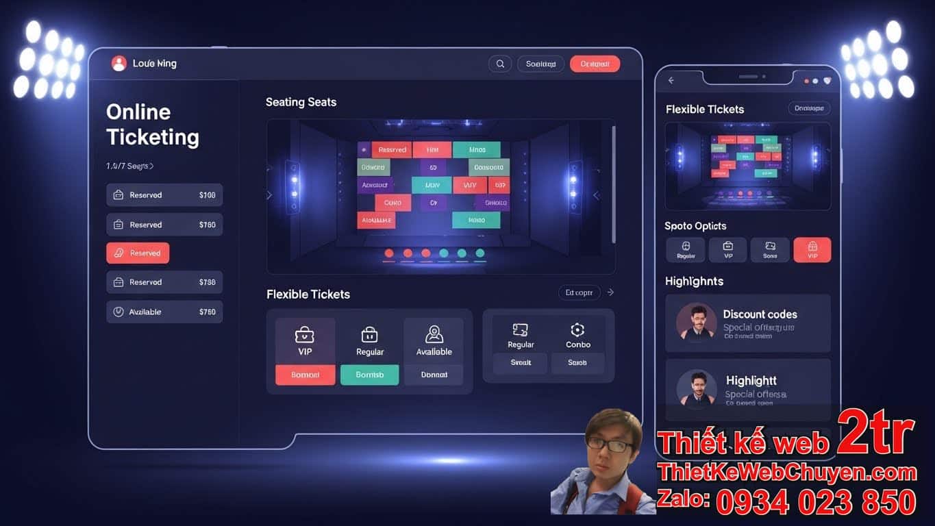 Thiết kế web bán vé sự kiện concert có tính năng quản lý vé và đặt chỗ hiệu quả
không? Thiết kế web bán vé sự kiện concert có tính năng quản lý vé và đặt chỗ hiệu quả
không?