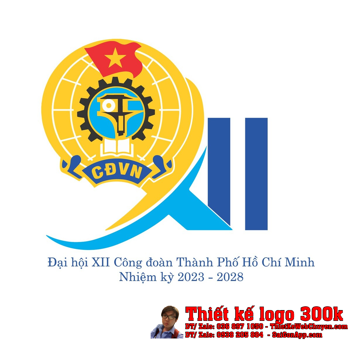 Thiết Kế Logo Công Đoàn Thành Phố Hồ Chí Minh Đại hội XII - Biểu tượng bánh răng, địa cầu và cờ đỏ sao vàng