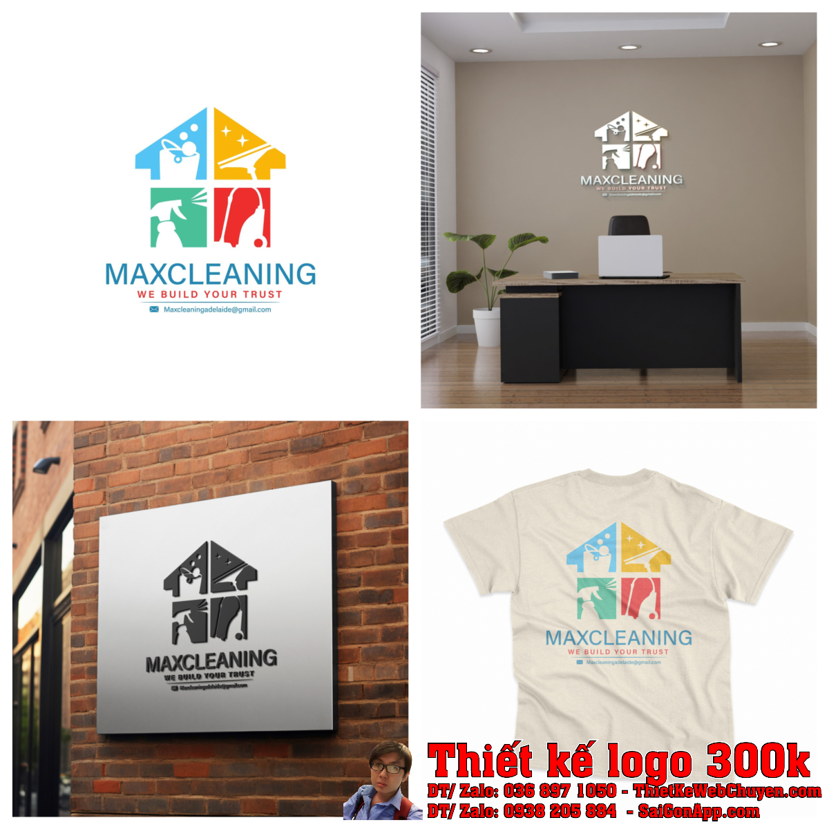 Thiết Kế Logo Dịch Vụ Vệ Sinh MaxCleaning phối cảnh