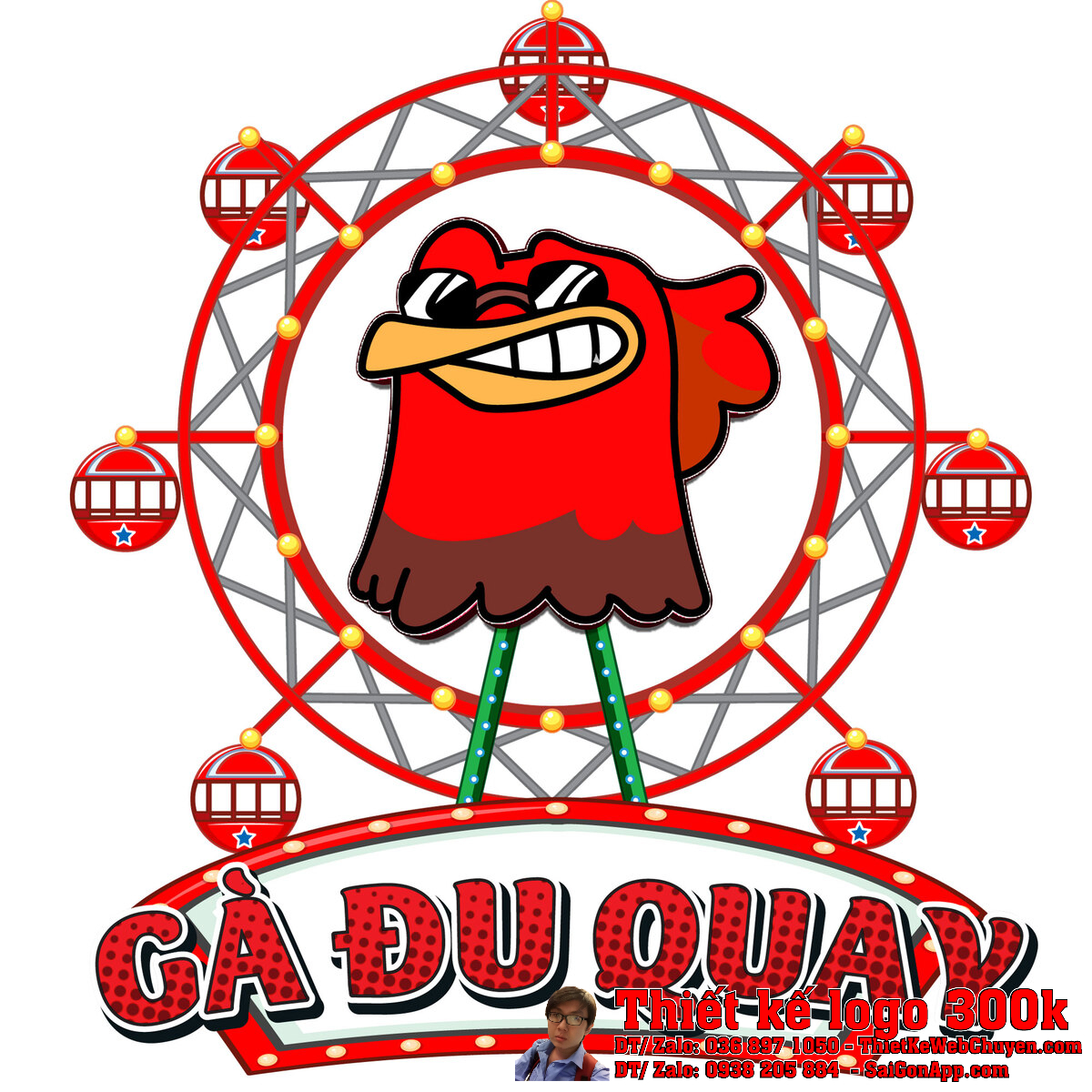 Tổng thể thiết kế logo Gà Đu Quay màu đỏ vàng nổi bật