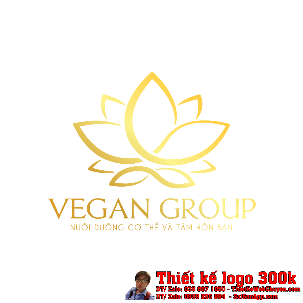 Thiết Kế Logo Hệ Sinh Thái Sản Phẩm Thuần Chay Vegan Group - Biểu tượng hoa sen vàng sang trọng