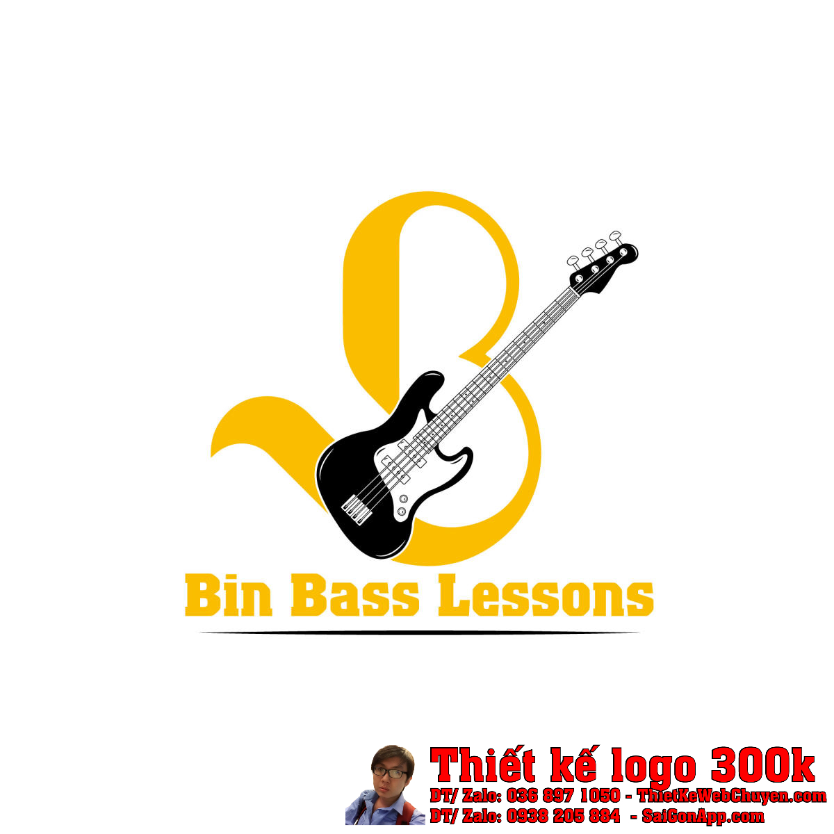 Phân tích chi tiết Thiết Kế Logo Lớp Học Đàn Bin Bass Lesson với màu vàng chủ đạo và hình cây đàn bass