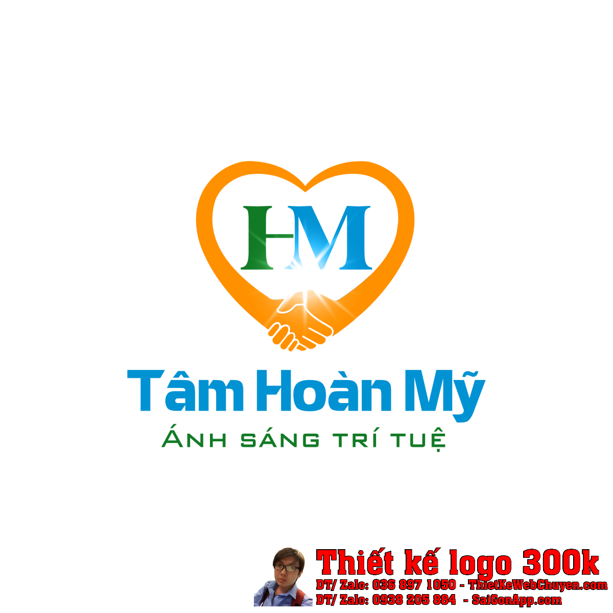Thiết Kế Logo Máy Tính Tâm Hoàn Mỹ Thiết Kế Logo Máy Tính Tâm Hoàn Mỹ với trái tim, bắt tay và chữ HM