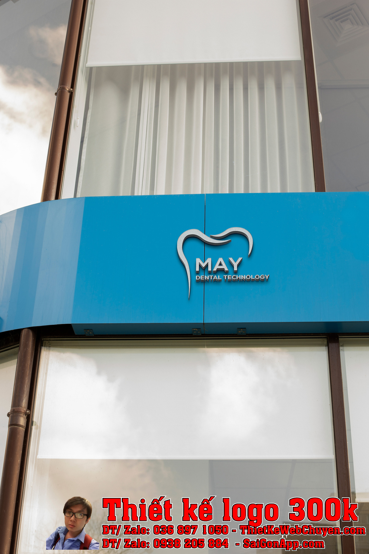 Ứng dụng logo nha khoa Tháng 5 trên ấn phẩm đứng