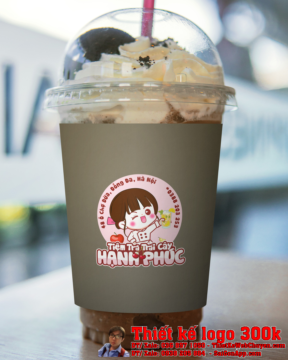 Chi tiết nhân vật trong Thiết Kế Logo Tiệm Trà Trái Cây Hạnh Phúc