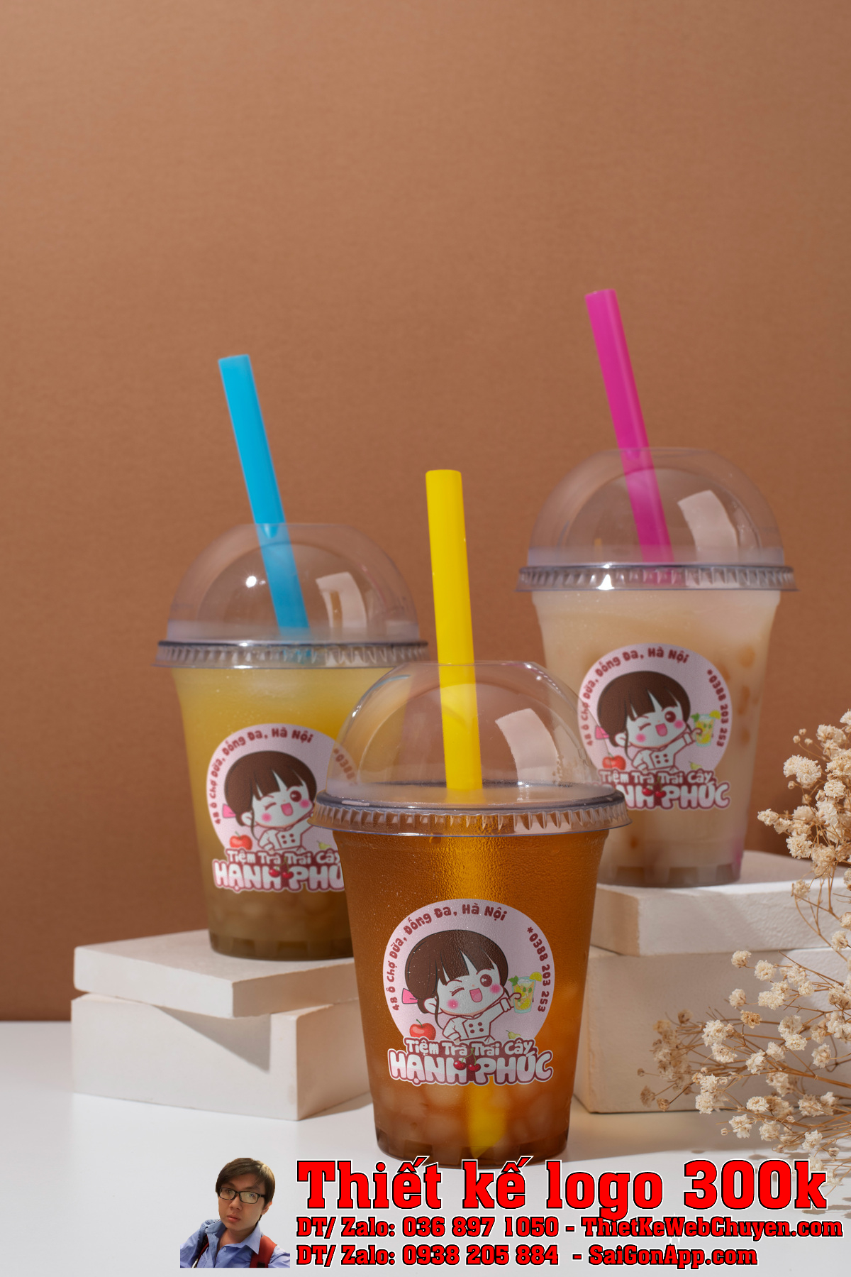 Ứng dụng in ấn Thiết Kế Logo Tiệm Trà Trái Cây Hạnh Phúc