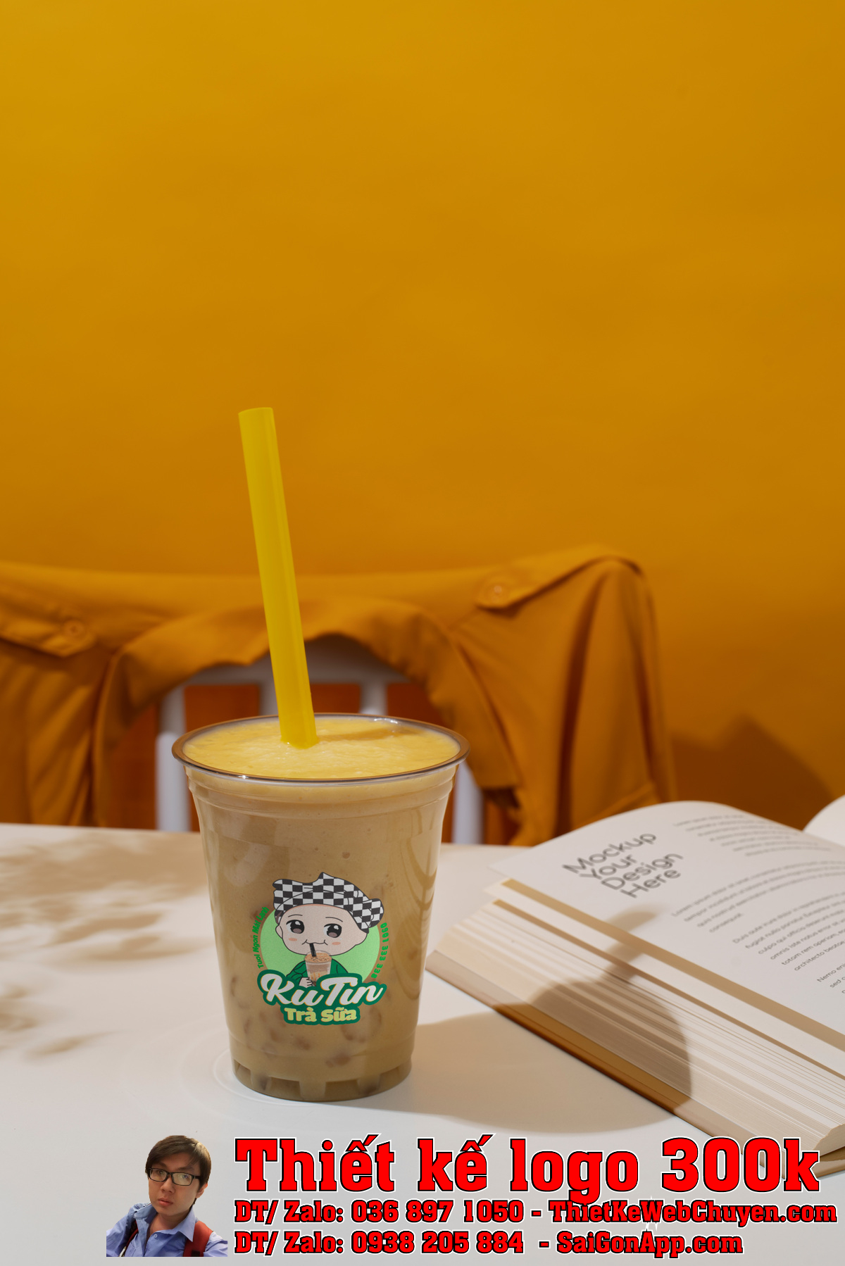 Phối cảnh Thiết Kế Logo Trà Sữa Ku Tin trên bao bì