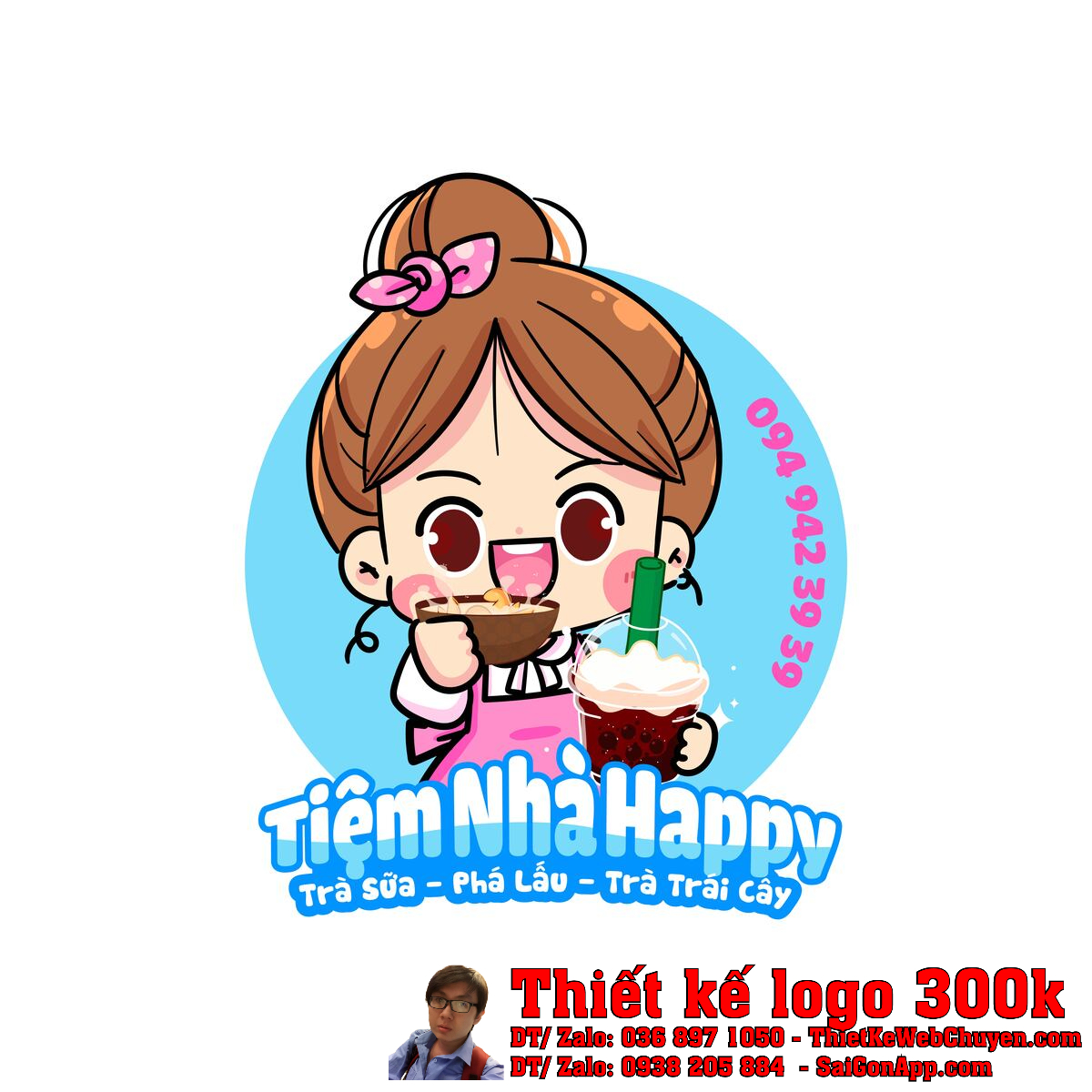 Thiết Kế Logo Trà Sữa Phá Lấu Tiệm Nhà Happy Thiết kế logo Trà Sữa Phá Lấu Tiệm Nhà Happy - Nhân vật chibi cầm trà sữa và phá lấu