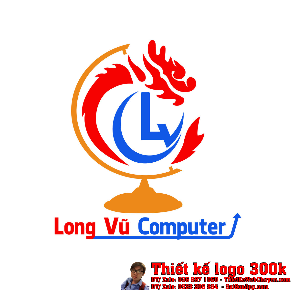 Phối cảnh Thiết kế Logo bán máy tính Công ty Long Vũ Computer trên tường văn phòng