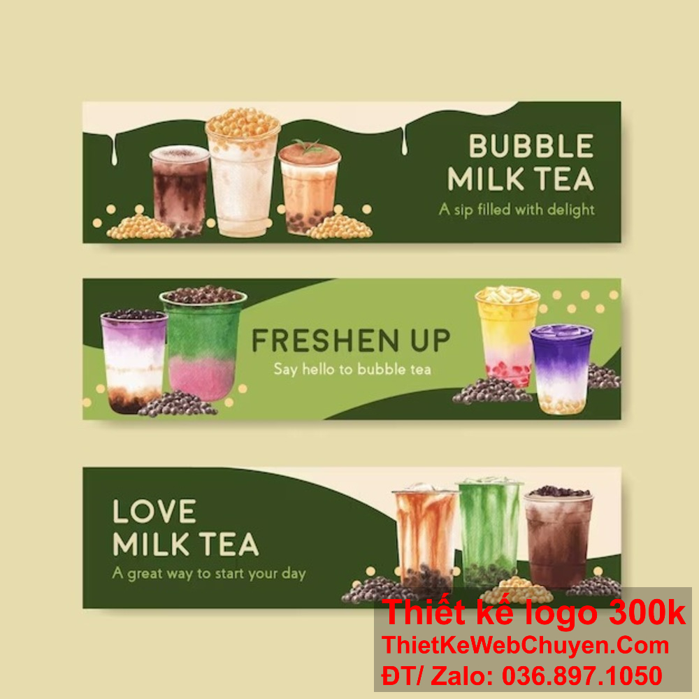 "Banner website độc đáo, thu hút khách hàng đến với quán trà sữa." "Thiết kế banner website thu hút, nâng tầm ảnh bìa quán trà sữa."