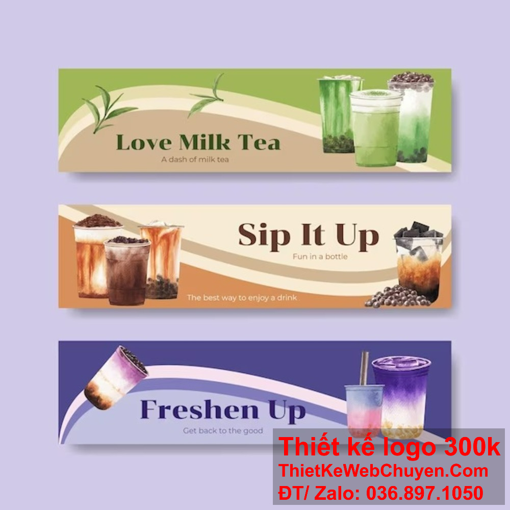 "Banner website tinh tế, nâng cao thương hiệu quán trà sữa." "Thiết kế banner website đẹp mắt, tương thích với hình ảnh quán trà sữa."