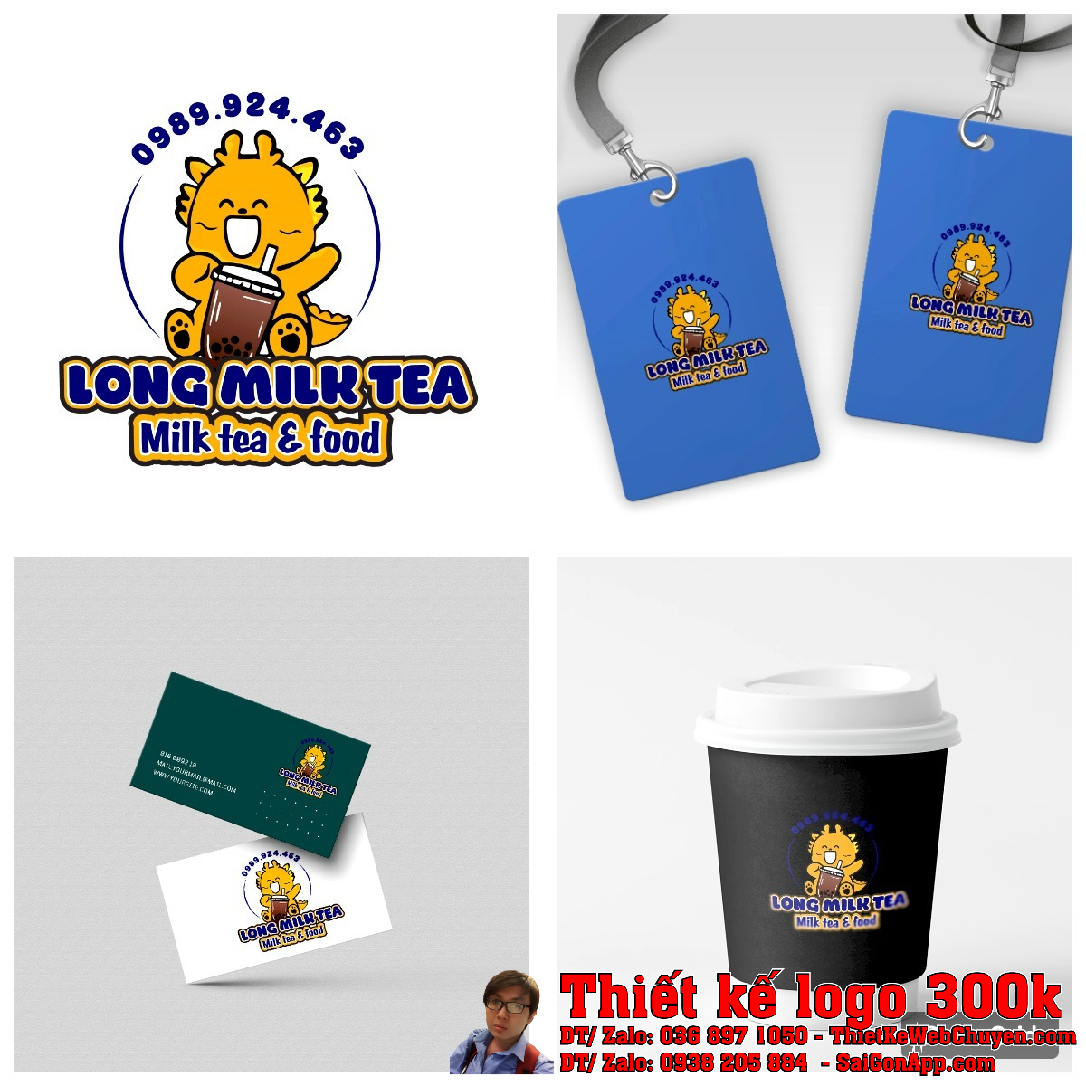 Tổng thể bộ nhận diện thiết kế logo LONG MILK TEA