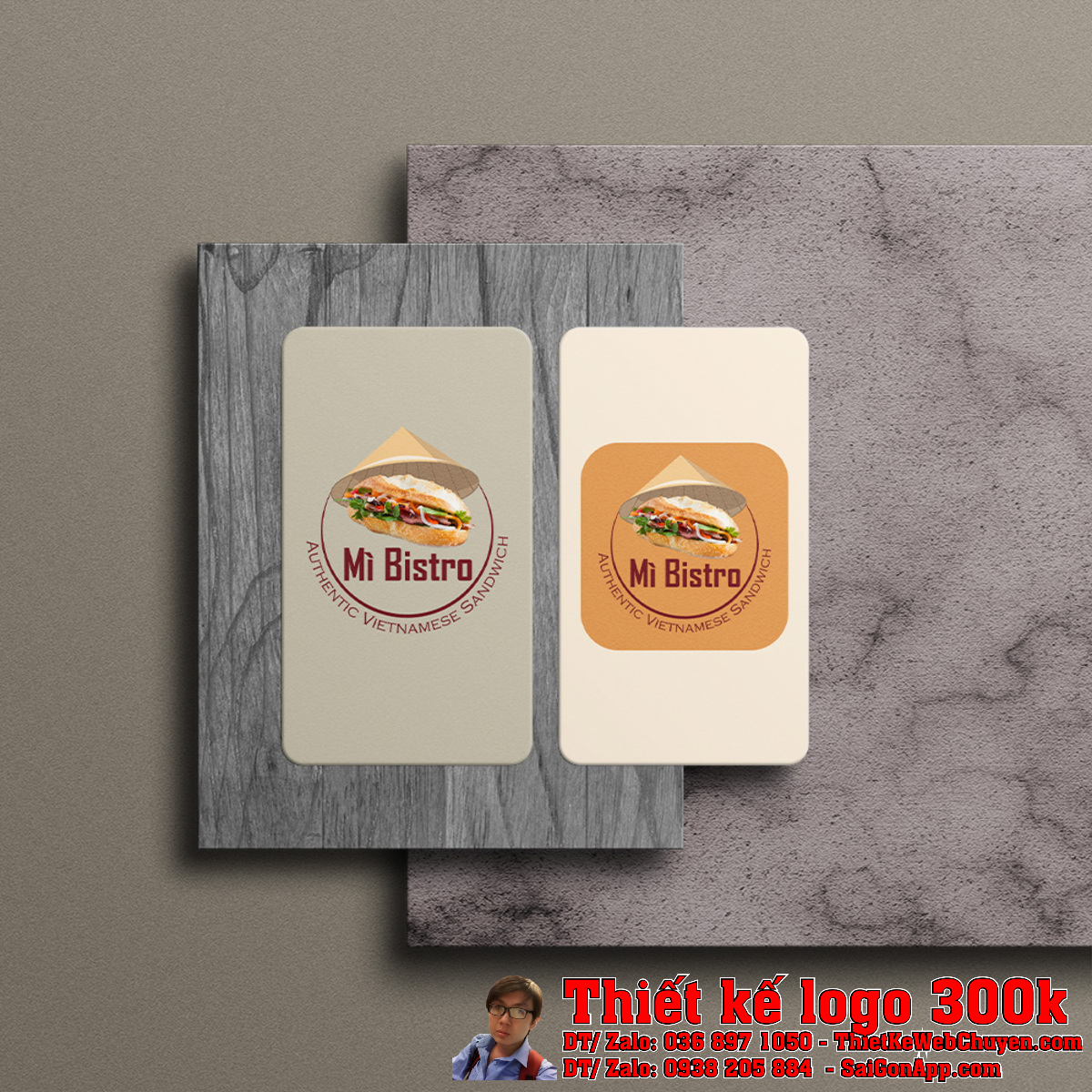 Thiết kế logo Mi Bistro ứng dụng trên danh thiếp và bao thư