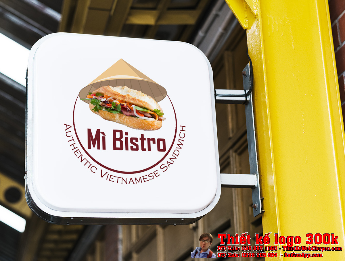 Chi tiết biểu tượng nón lá và bánh mì trong thiết kế logo Mi Bistro