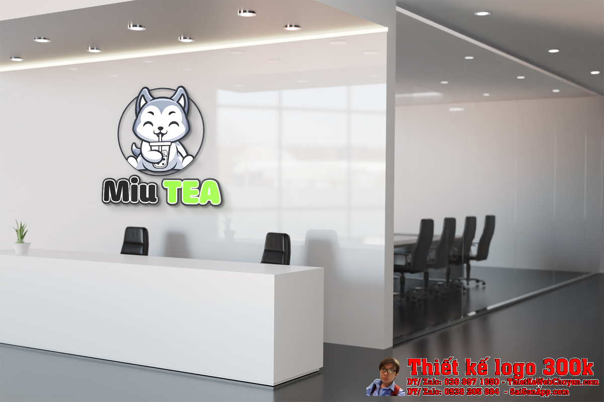 Thiết kế logo chibi trà sữa Miu Tea trên nền trắng