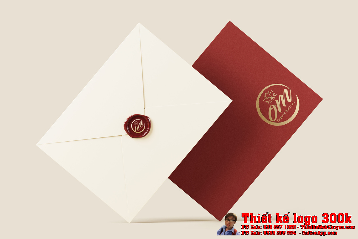 Thiết kế logo OM trên bao thư và văn phòng phẩm