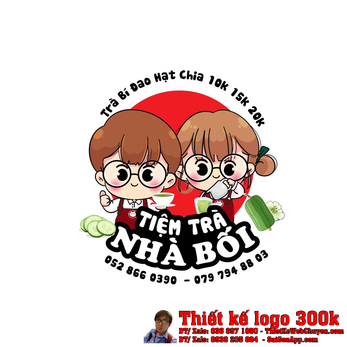 Thiết kế logo Trà Bí Đao Hạt Chia Tiệm Trà Nhà Bối trên nền đỏ