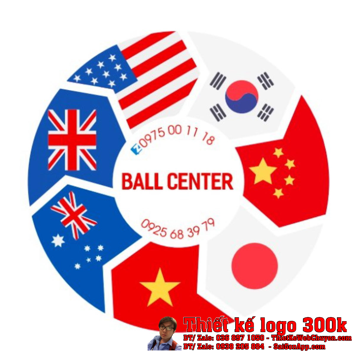Thiết kế logo Trung tâm Ngoại ngữ Ball Center Logo Trung tâm Ngoại ngữ Ball Center - Phiên bản vòng tròn lá cờ màu đỏ, xanh dương
