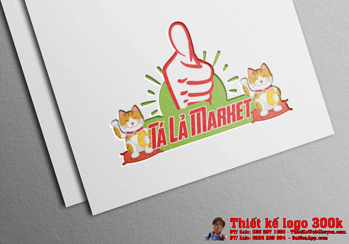 Phối cảnh logo Tá Lả Market trên nền trắng