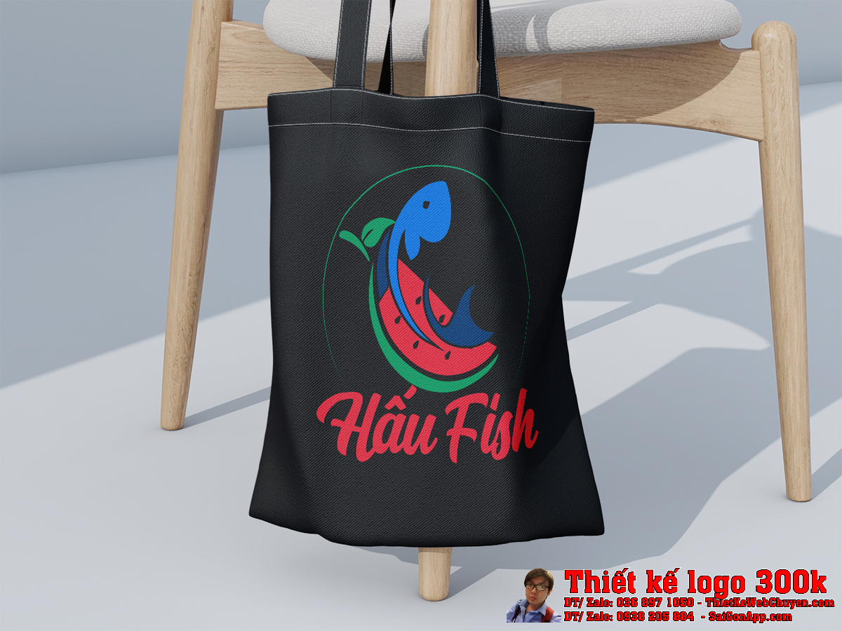 Phối cảnh Thiết kế logo công ty Dưa Hấu Fish Hấu Fish trên tường