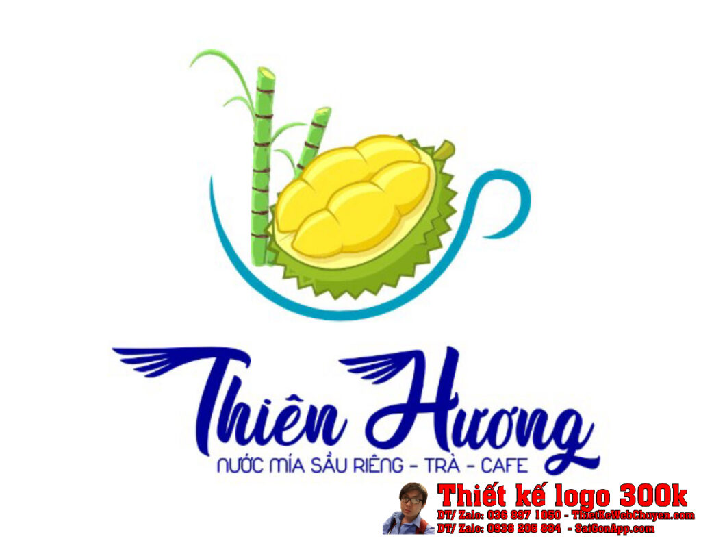 Thiết kế logo quán nước Thiên Hương với sầu riêng, cây mía và sóng nước