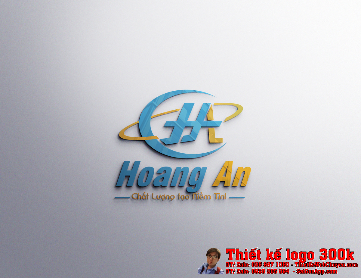 Logo HOÀNG AN trên phông nền tối, nổi bật màu xanh dương và cam
