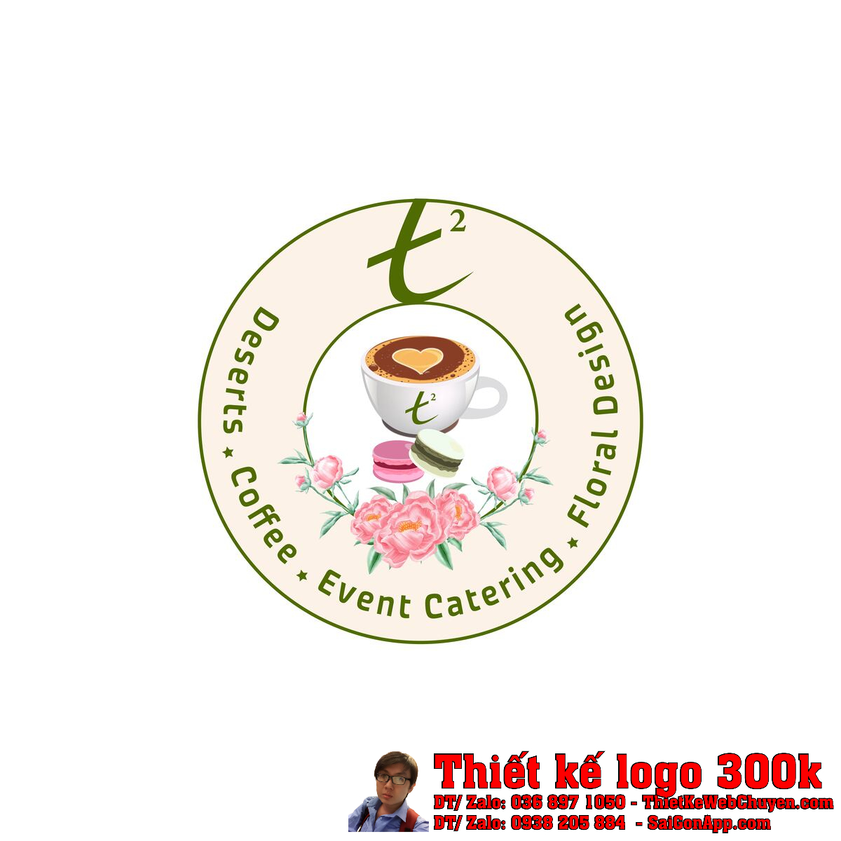 Chi tiết Thiết kế logo tiệm cà phê hoa tươi T2 bản màu đầy đủ