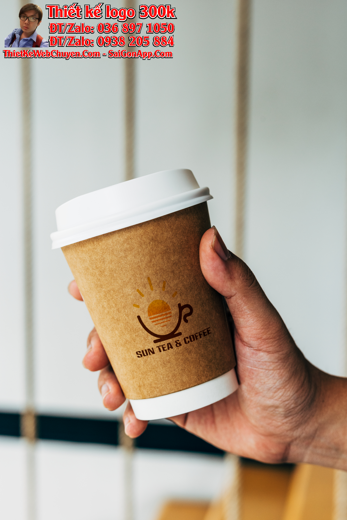 Thiết kế logo trà sữa và cà phê Sun Tea & Coffee - Ứng dụng dọc