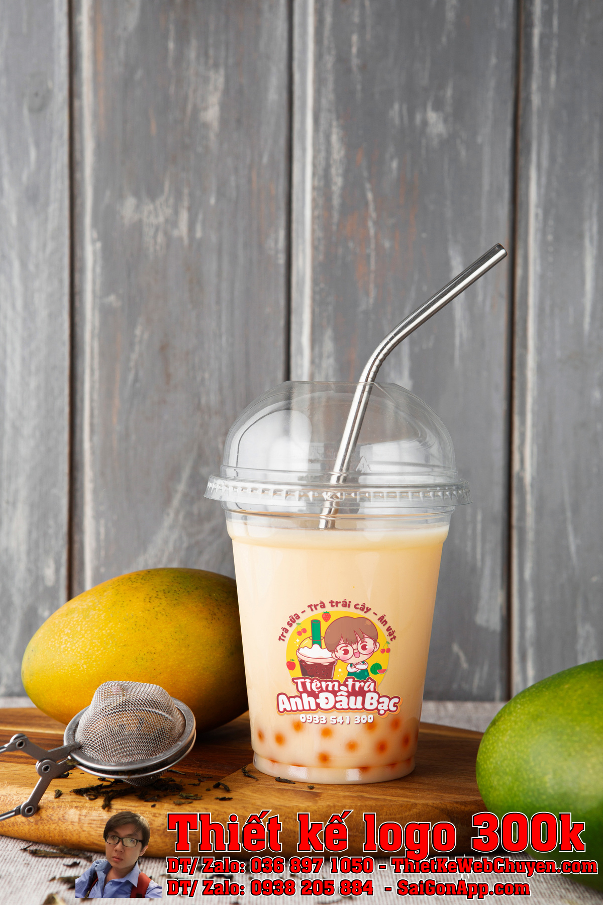 Thiết kế logo xe bán nước Tiệm trà Anh Đầu Bạc ứng dụng menu