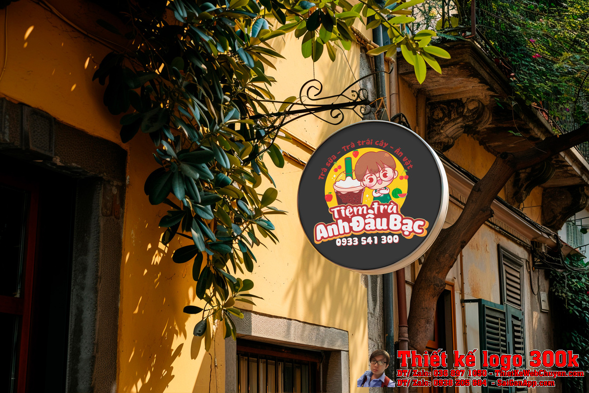 Thiết kế logo xe bán nước Tiệm trà Anh Đầu Bạc chi tiết chibi