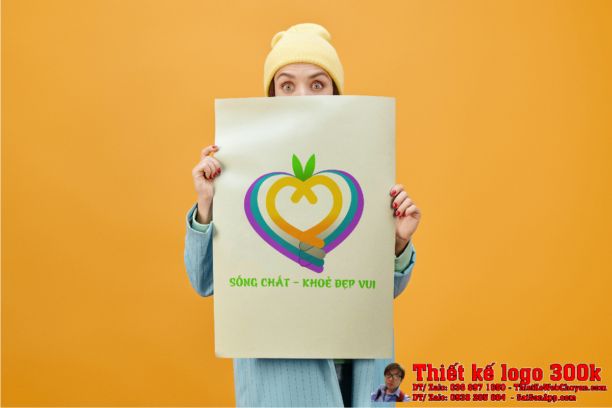 Thiết kế logo yoga SỐNG CHẤT KHOẺ ĐẸP VUI trên nền trắng