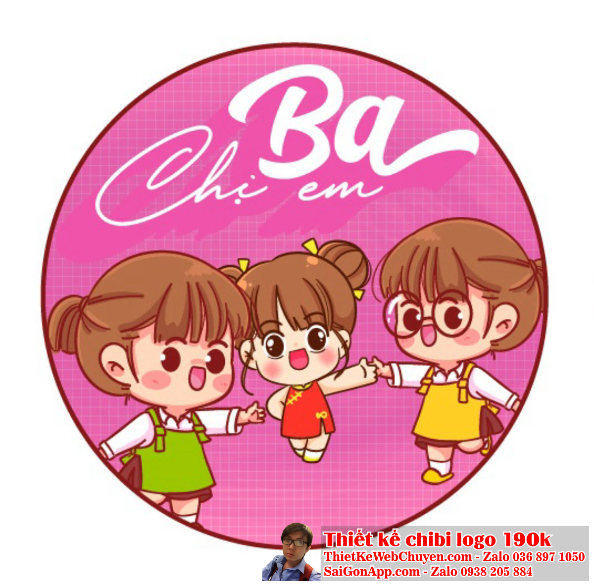 Vẽ chibi ba chị em đang chơi cùng nhau để thiết kế logo mẫu 1