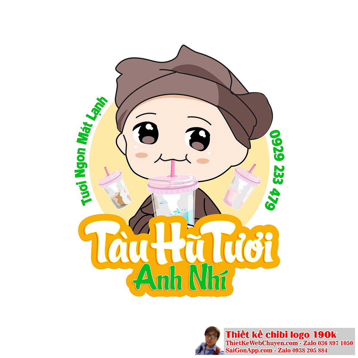 Vẽ chibi bà lão đang uống tàu hũ tươi để thiết kế logo - Phiên bản đầy đủ