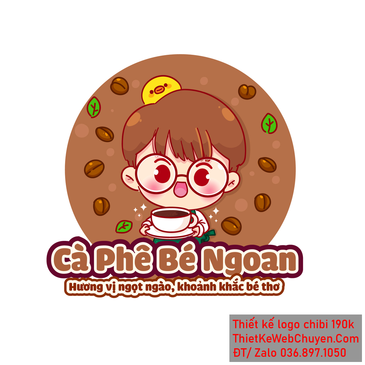 Vẽ chibi cậu bé với đôi mắt kính to tròn đang cầm ly cà phê để thiết kế logo - Ảnh 1