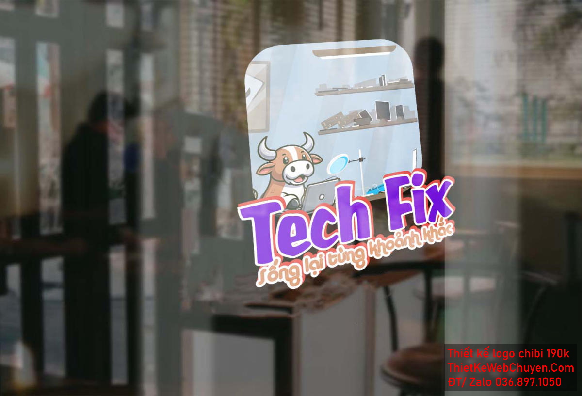 Vẽ chibi chú bò đang sửa chữa máy tính để thiết kế logo Vẽ chibi chú bò đang sửa chữa máy tính để thiết kế logo