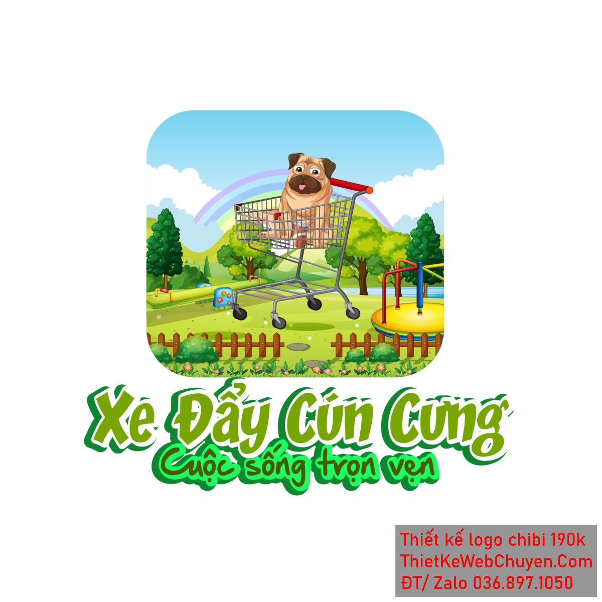 Vẽ chibi chú chó đang ngồi trên xe đẩy trong khu vườn để thiết kế logo Vẽ chibi chú chó đang ngồi trên xe đẩy trong khu vườn để thiết kế logo
