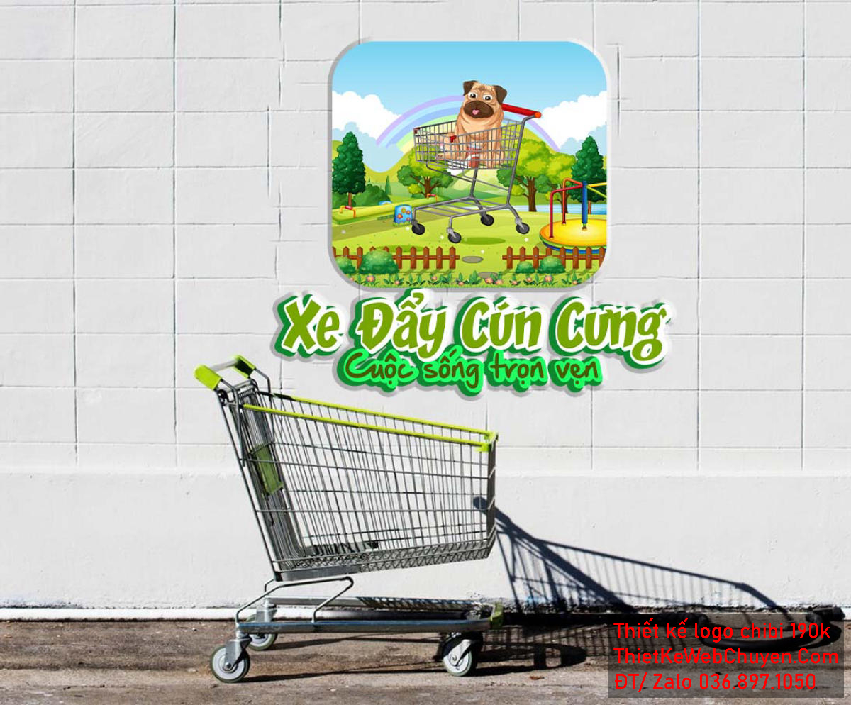Vẽ chibi chú chó đang ngồi trên xe đẩy trong khu vườn để thiết kế logo Vẽ chibi chú chó đang ngồi trên xe đẩy trong khu vườn để thiết kế logo