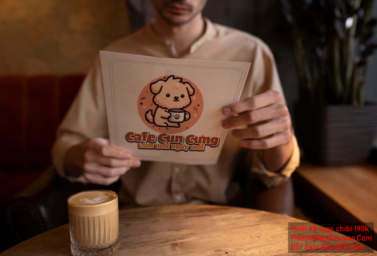 Vẽ chibi chú chó dễ thương cầm cốc cà phê để thiết kế logo Vẽ chibi chú chó dễ thương cầm cốc cà phê để thiết kế logo mẫu 4