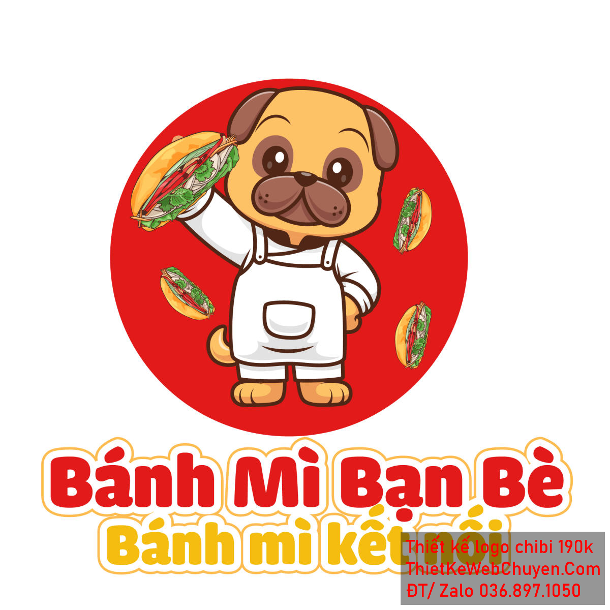Vẽ chibi chú chó mặc tạp dề trắng bán bánh mì để thiết kế logo Vẽ chibi chú chó mặc tạp dề trắng bán bánh mì để thiết kế logo