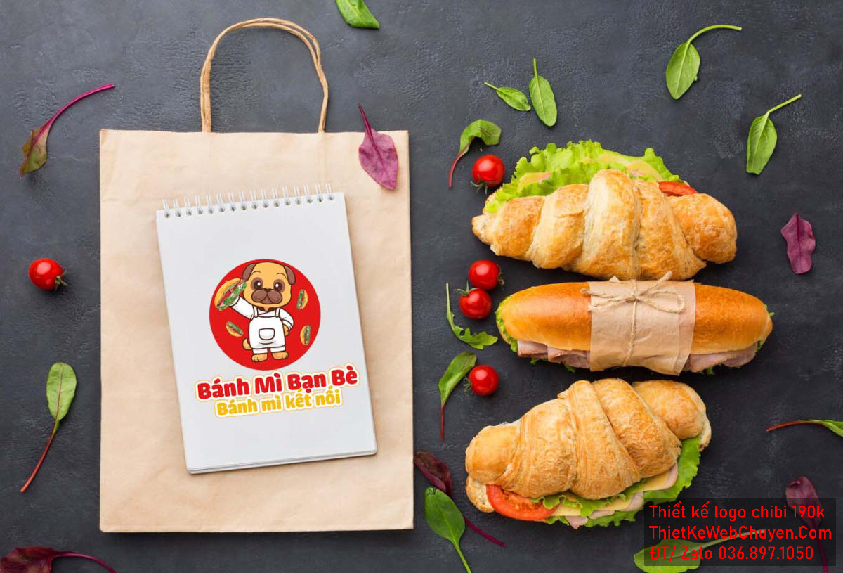 Vẽ chibi chú chó mặc tạp dề trắng bán bánh mì để thiết kế logo Vẽ chibi chú chó mặc tạp dề trắng bán bánh mì để thiết kế logo