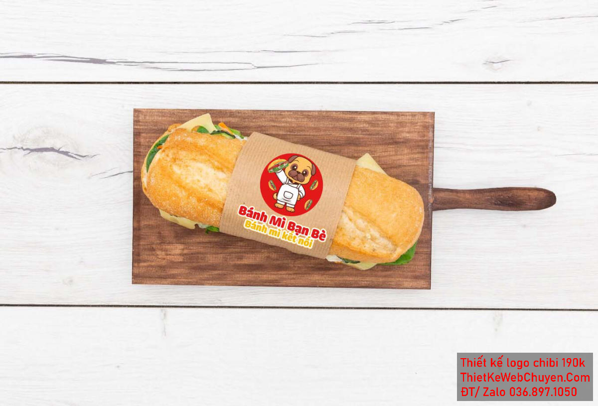 Vẽ chibi chú chó mặc tạp dề trắng bán bánh mì để thiết kế logo Vẽ chibi chú chó mặc tạp dề trắng bán bánh mì để thiết kế logo