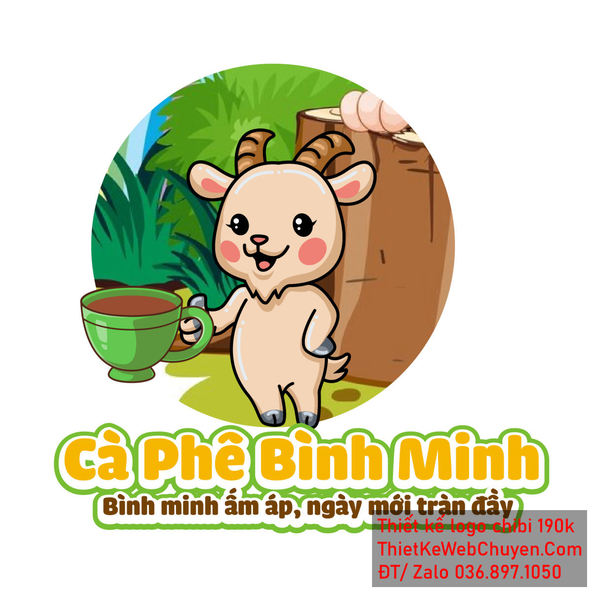 Vẽ chibi chú dê con uống cà phê vui vẻ để thiết kế logo bản đầy đủ màu sắc
