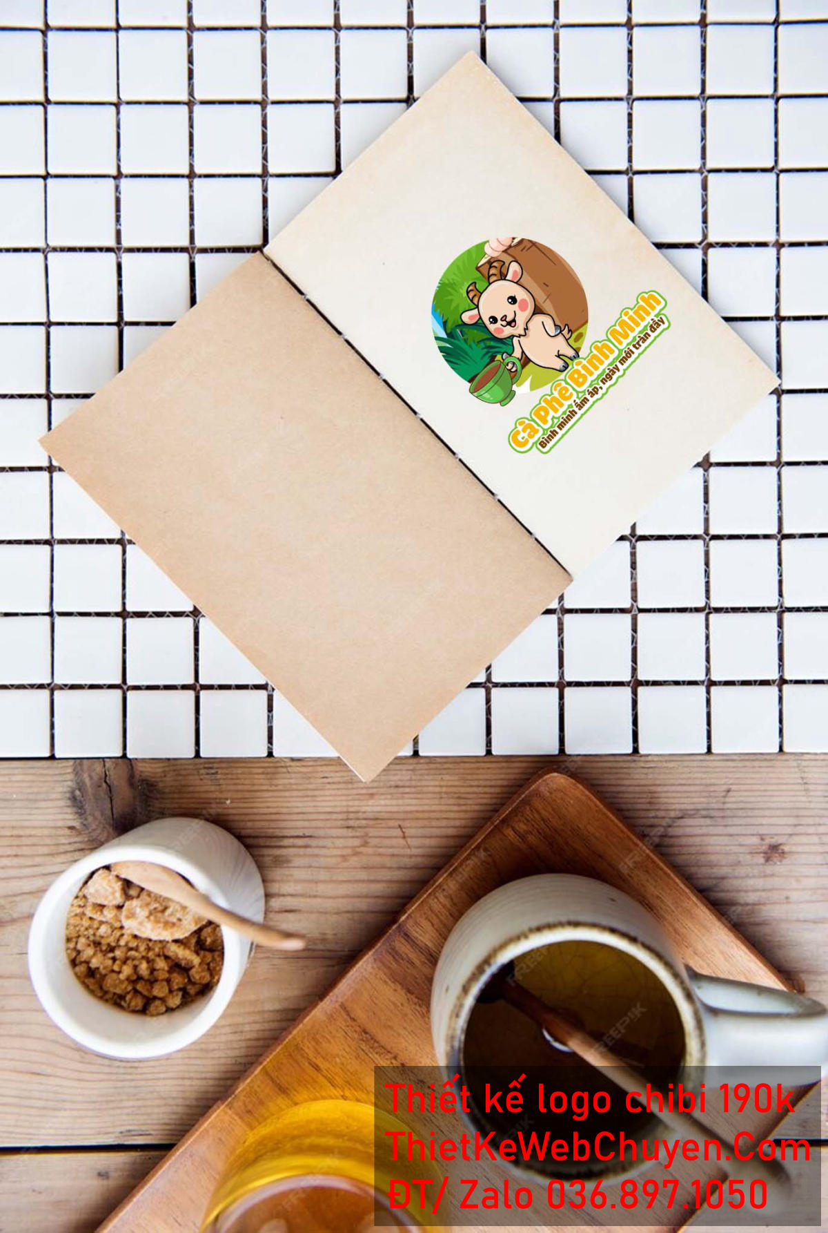 Phác thảo ý tưởng vẽ chibi chú dê con uống cà phê vui vẻ để thiết kế logo