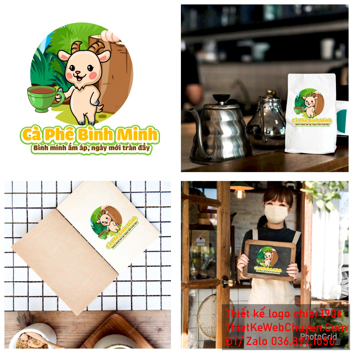 Hoàn thiện sản phẩm vẽ chibi chú dê con uống cà phê vui vẻ để thiết kế logo