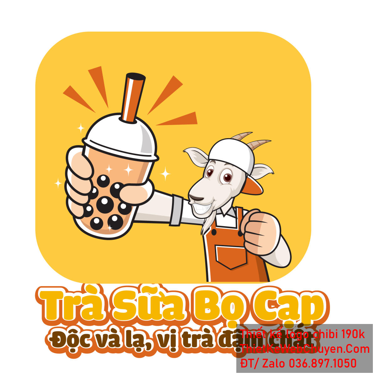Vẽ chibi chú dê đội mũ trắng mặc yếm cam bán trà sữa để thiết kế logo Vẽ chibi chú dê đội mũ trắng mặc yếm cam bán trà sữa để thiết kế logo mẫu 1