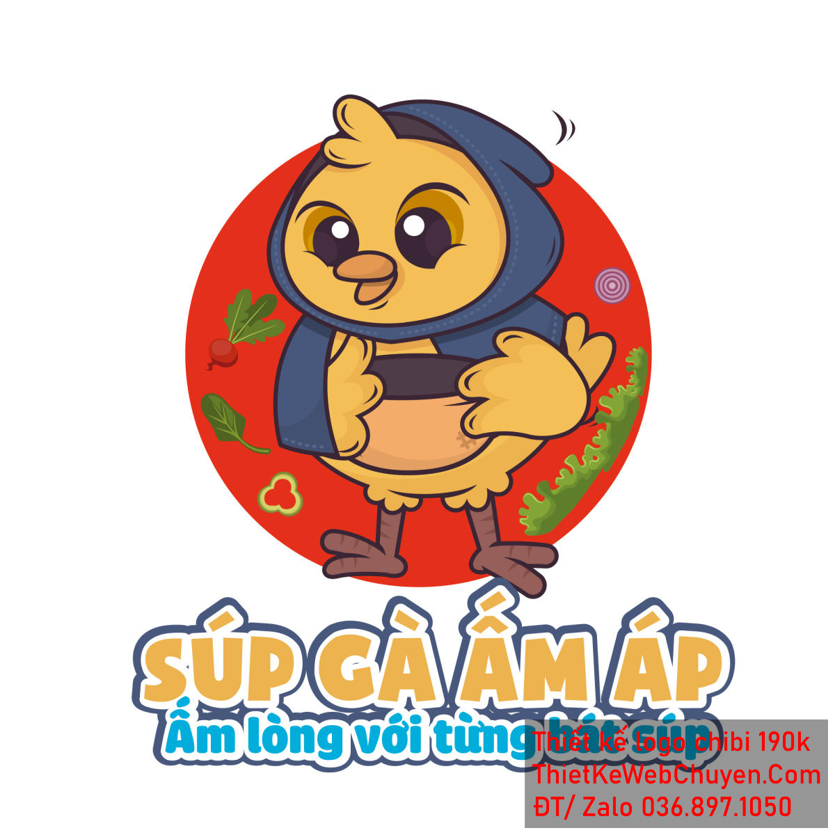 Vẽ chibi chú gà ấm áp đội khăn xanh bán súp gà để thiết kế logo Vẽ chibi chú gà ấm áp đội khăn xanh bán súp gà để thiết kế logo mẫu 1