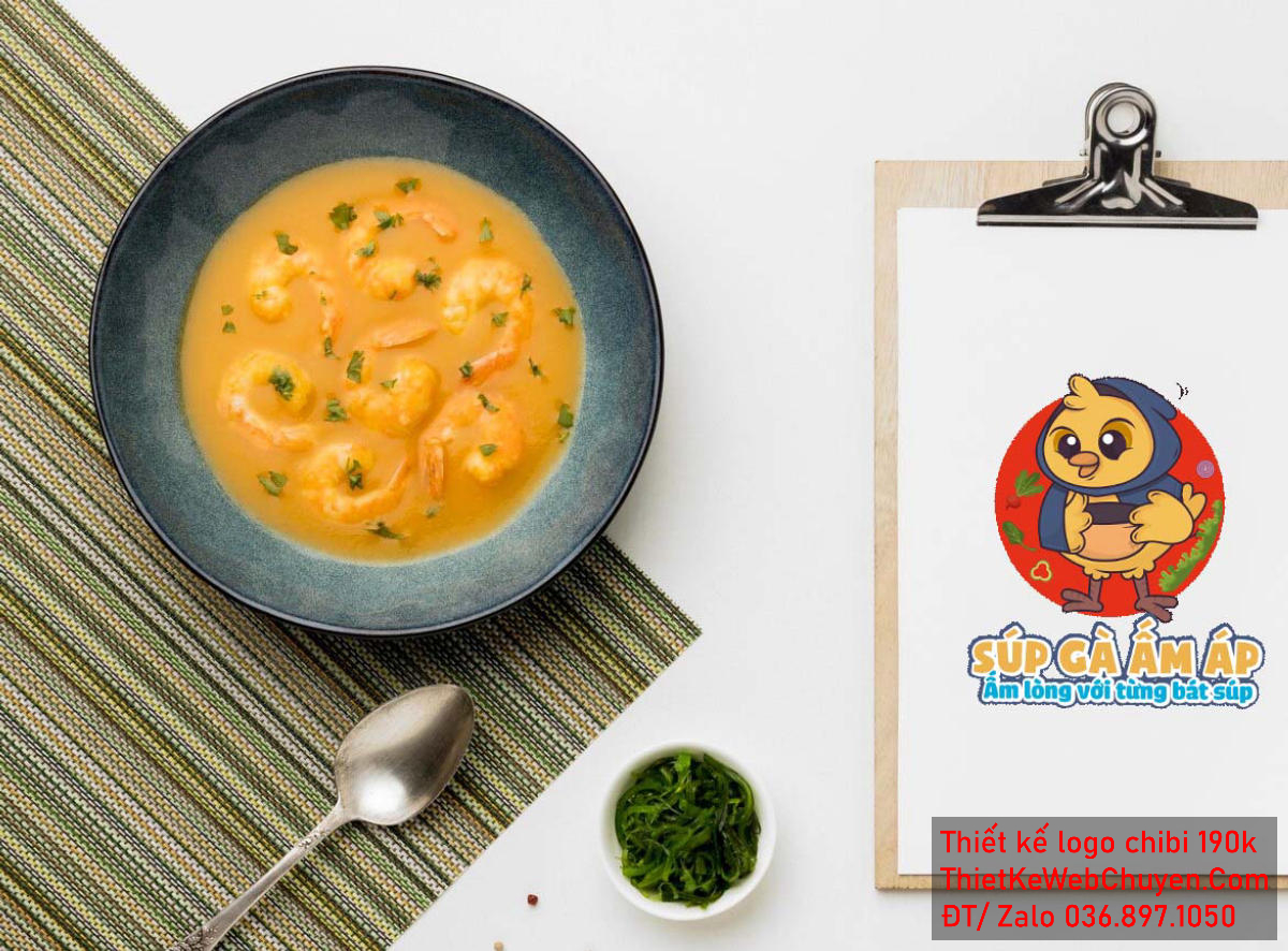 Vẽ chibi chú gà ấm áp đội khăn xanh bán súp gà để thiết kế logo Vẽ chibi chú gà ấm áp đội khăn xanh bán súp gà để thiết kế logo mẫu 2