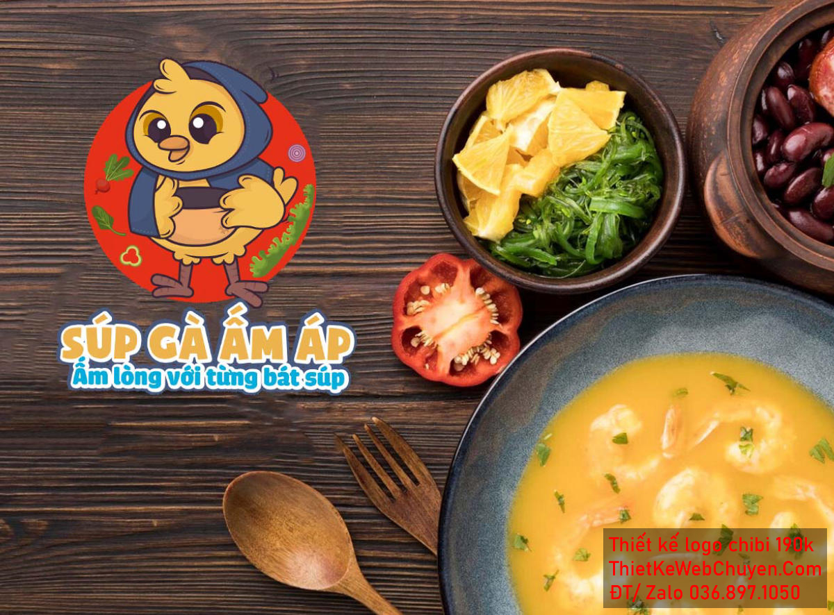 Vẽ chibi chú gà ấm áp đội khăn xanh bán súp gà để thiết kế logo Vẽ chibi chú gà ấm áp đội khăn xanh bán súp gà để thiết kế logo mẫu 3