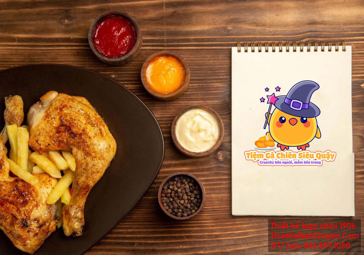 Vẽ chibi chú gà con đội mũ xanh cầm ngôi sao bán gà chiên để thiết kế logo Ứng dụng logo Tiệm Gà Chiên Siêu Quậy